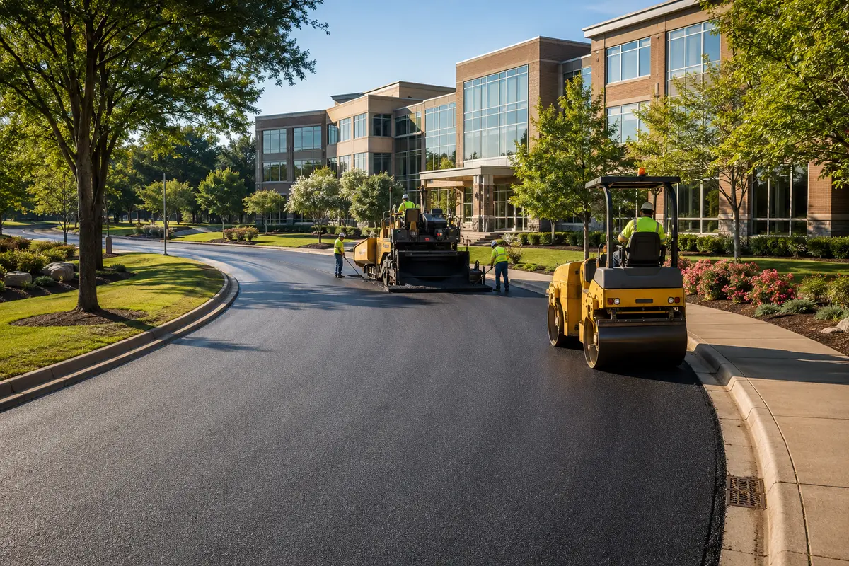 Commercial paving crew resurfacing an office complex entrance road