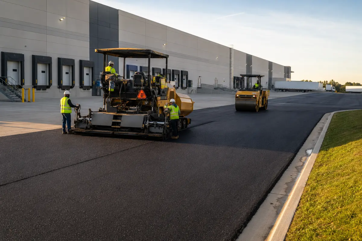 Commercial paving crew installing an asphalt access road at a warehouse facility