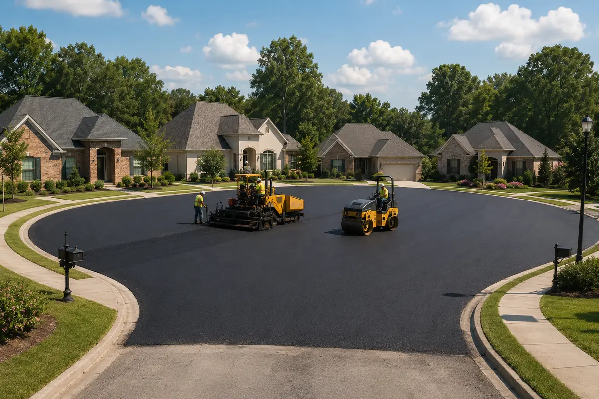 Residential paving crew resurfacing an asphalt cul-de-sac