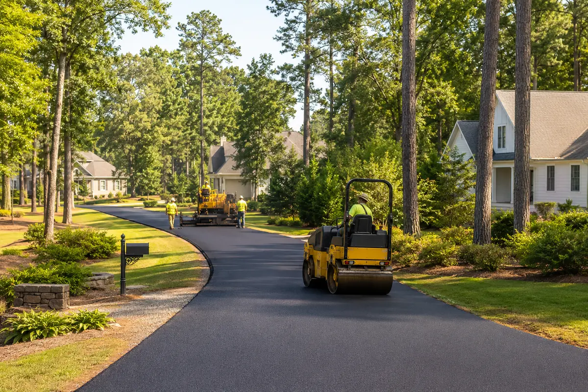 Residential paving crew installing asphalt on a private neighborhood road
