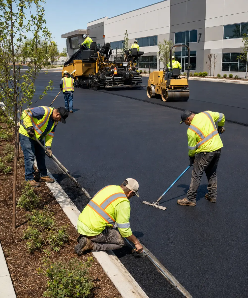 Commercial paving crew completing a parking lot project in Mississippi