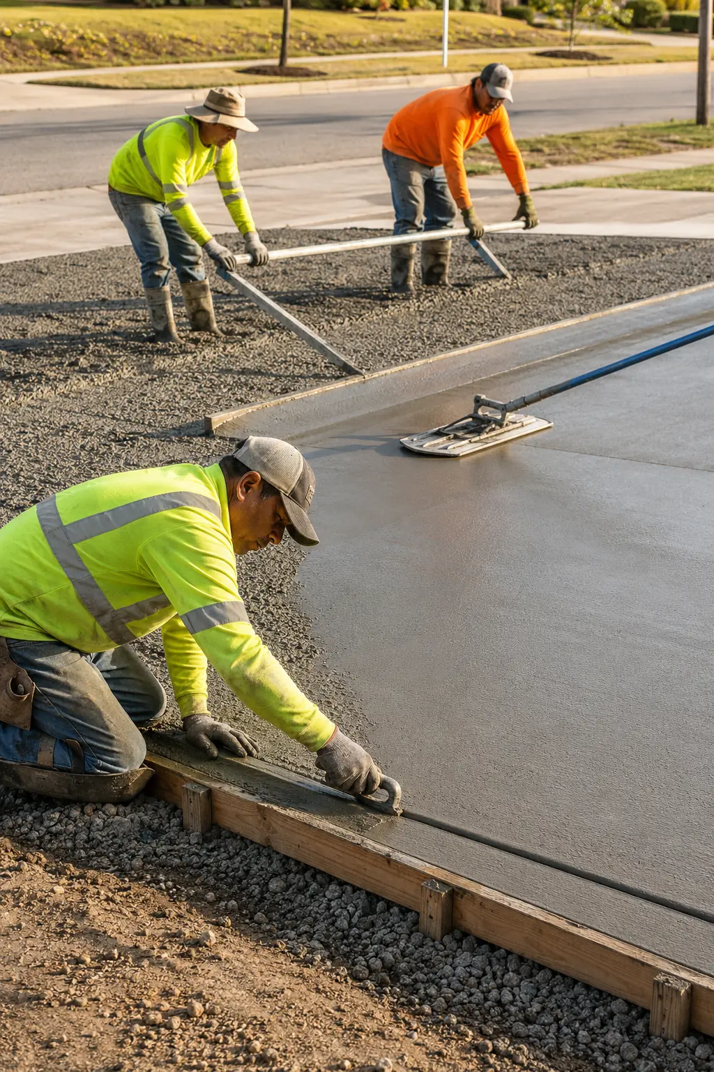 Concrete crew screeding and finishing a newly poured surface