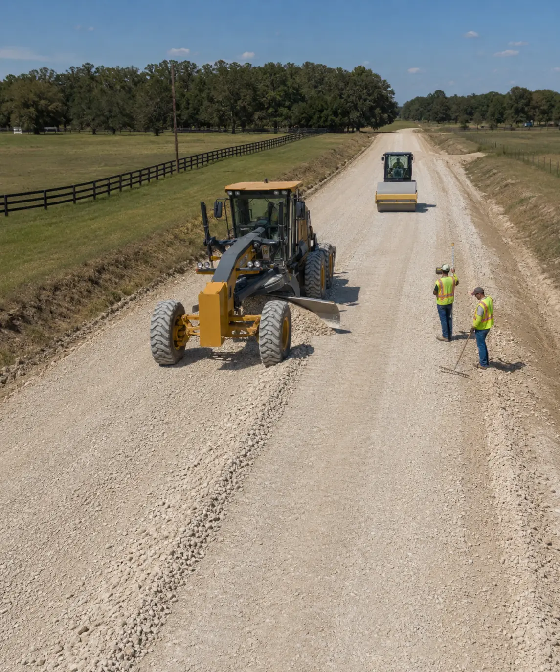 Construction crew compacting a newly installed limestone surface