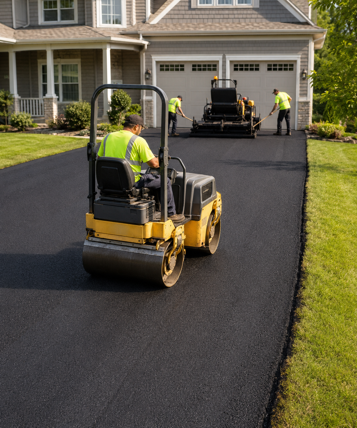 Professional crew paving a residential asphalt driveway in Mississippi