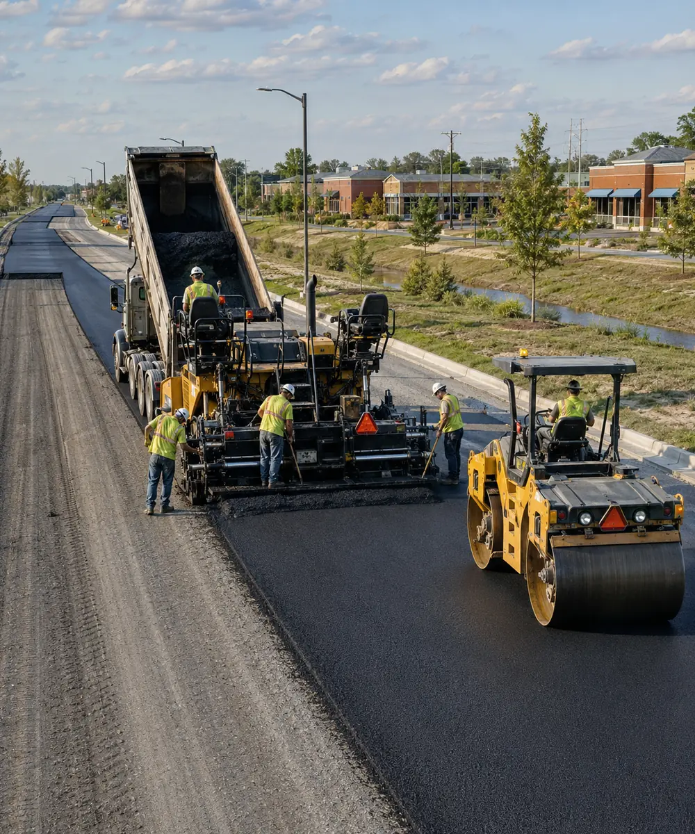 Paving crew installing and compacting asphalt on a local roadway