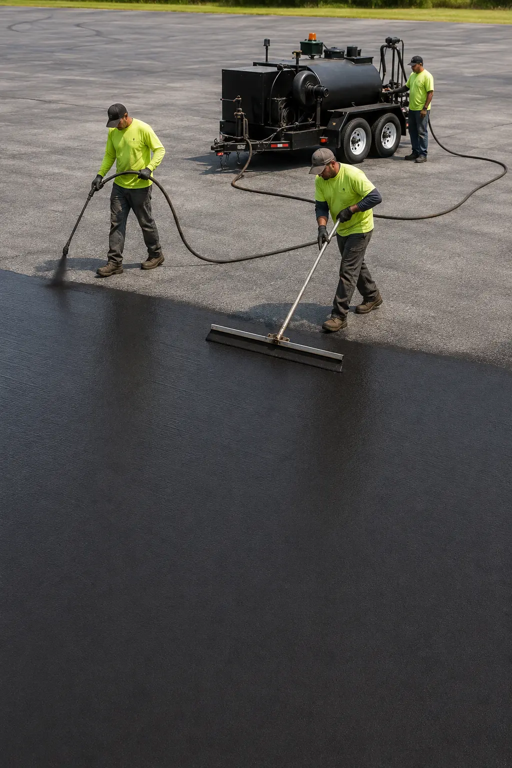 Paving crew applying sealcoat to a prepared parking area