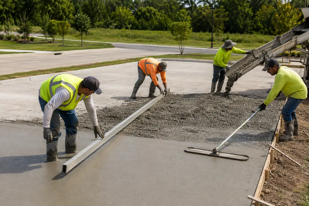 Crew leveling and finishing freshly placed concrete