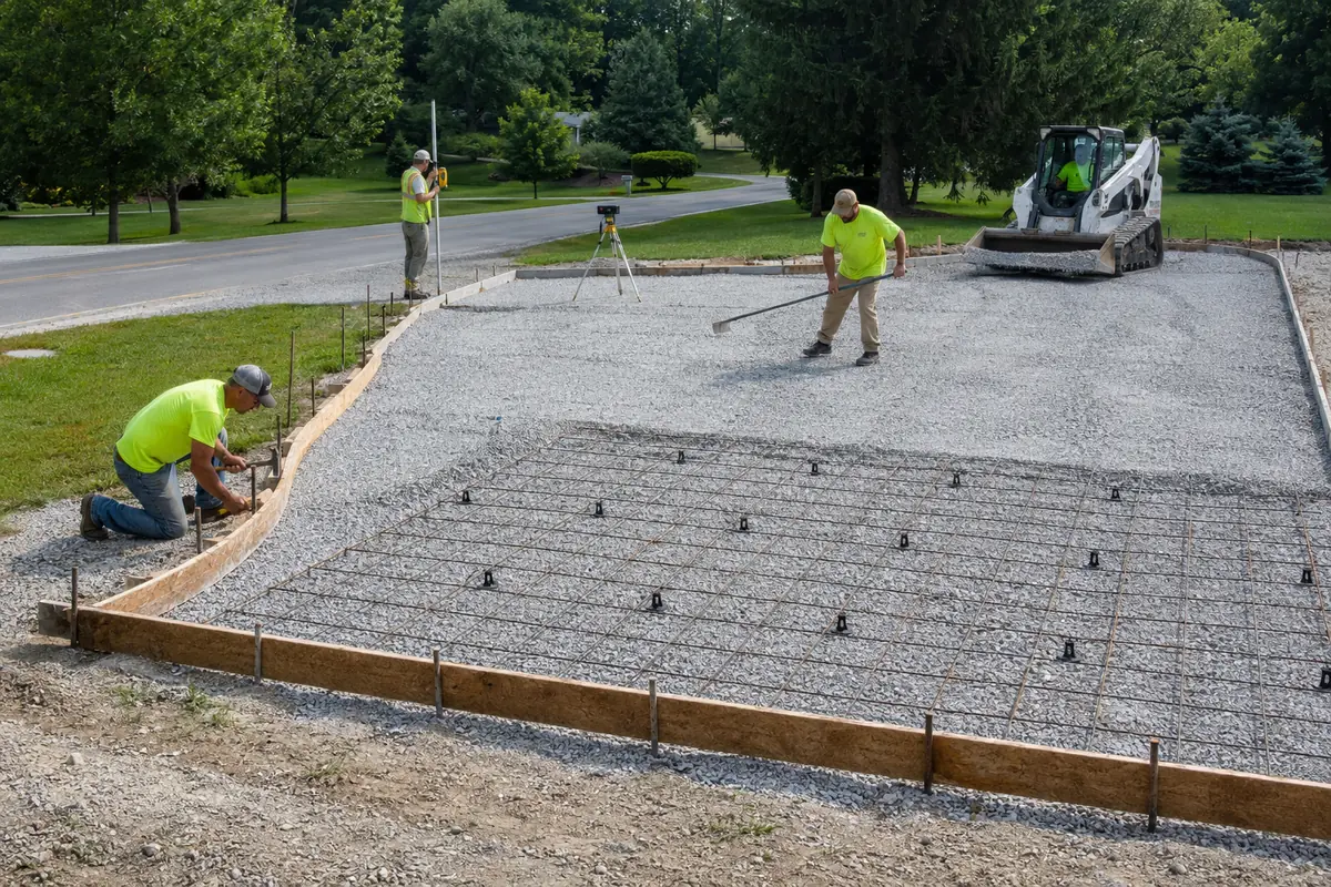 Workers preparing the base and forms for concrete installation