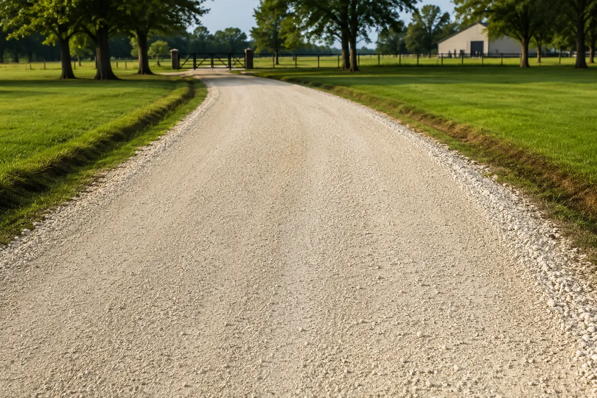 Smooth compacted limestone private road with defined edges