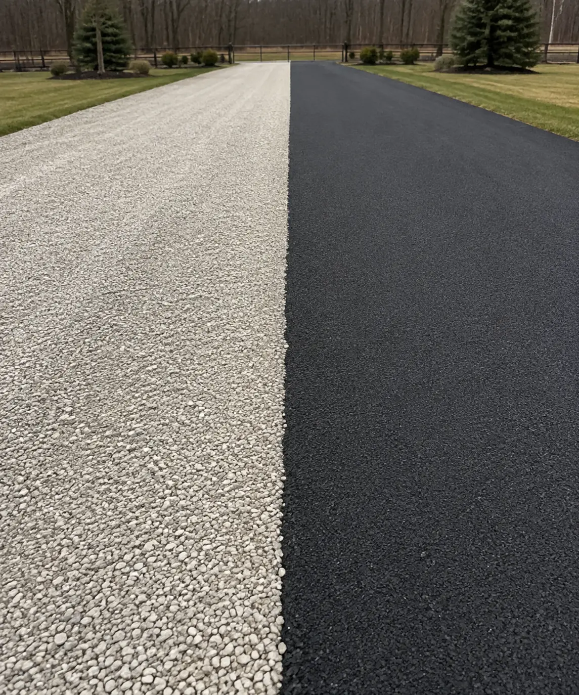 Compacted limestone surface beside smooth asphalt pavement