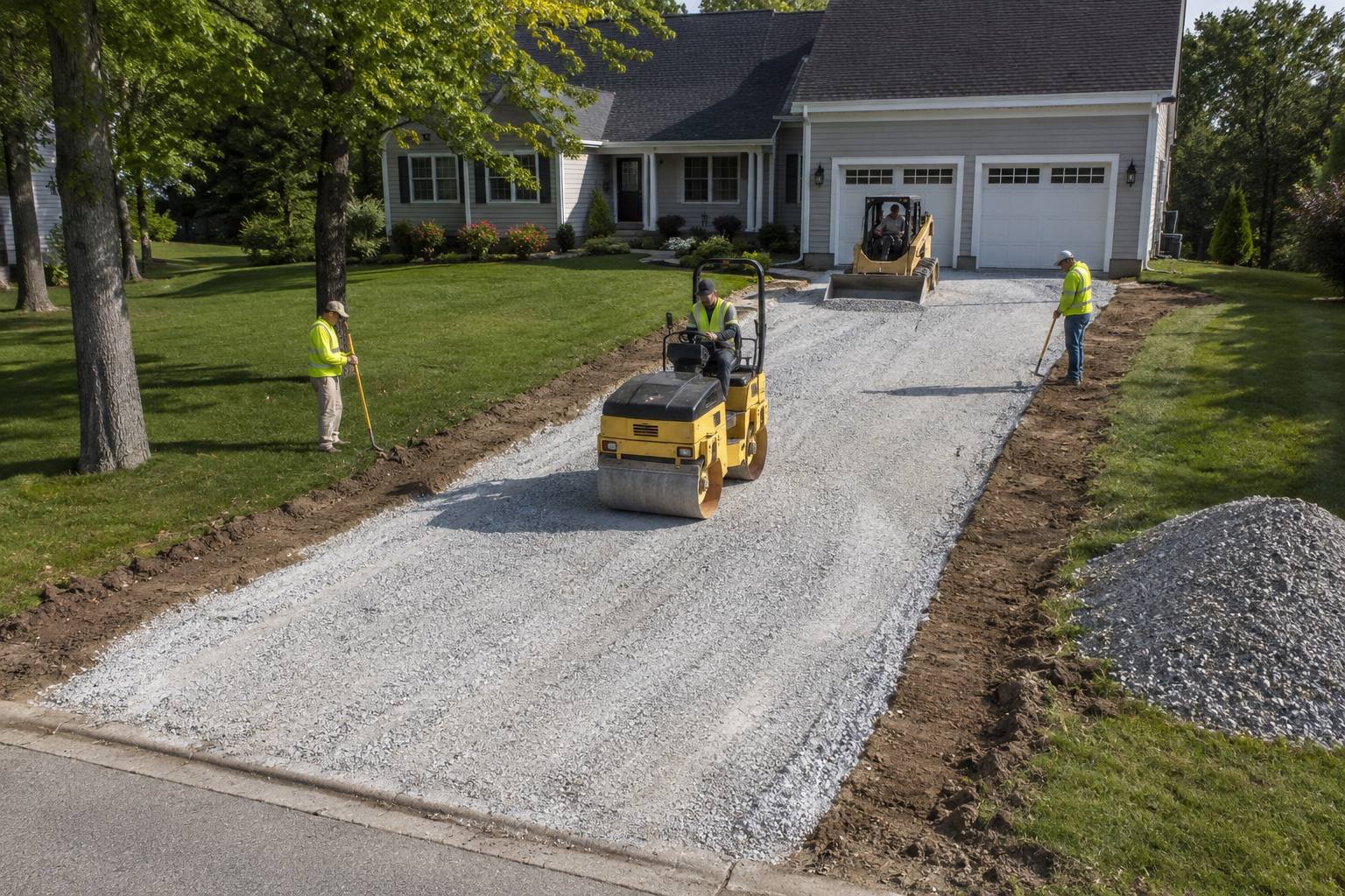 Preparing and grading the base for a new asphalt driveway in Mississippi