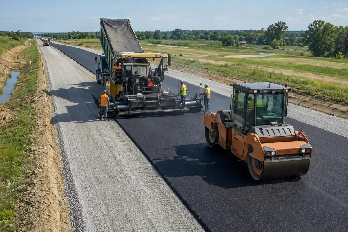 Asphalt paver and roller installing a new roadway surface