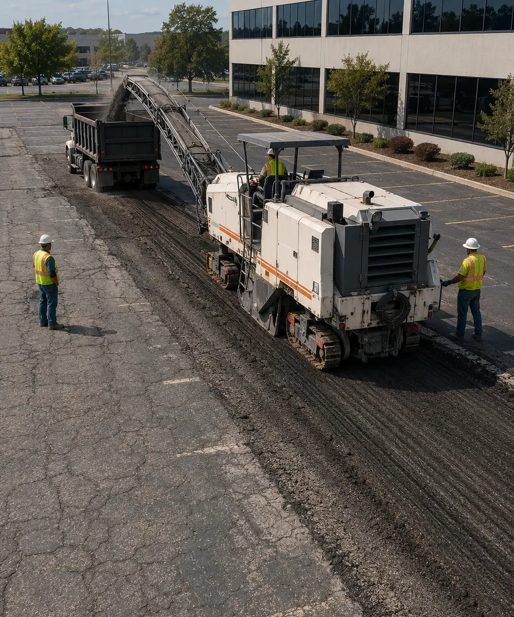 Commercial parking lot being prepared for resurfacing or asphalt replacement