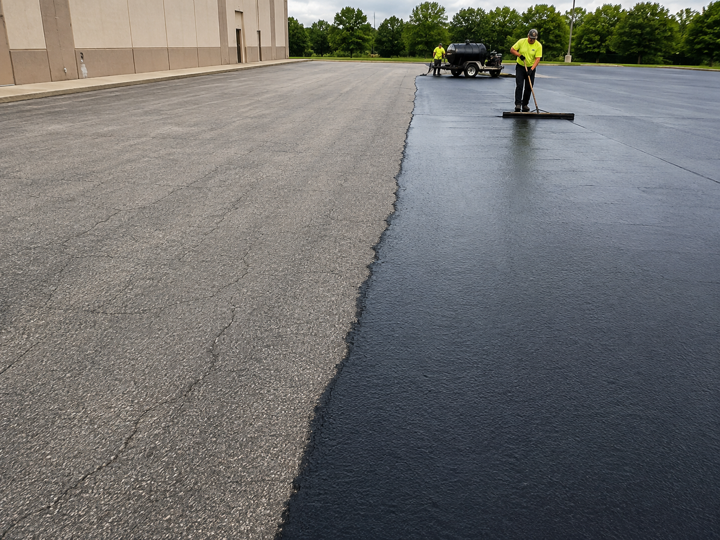 Fresh black sealcoat applied beside faded gray asphalt