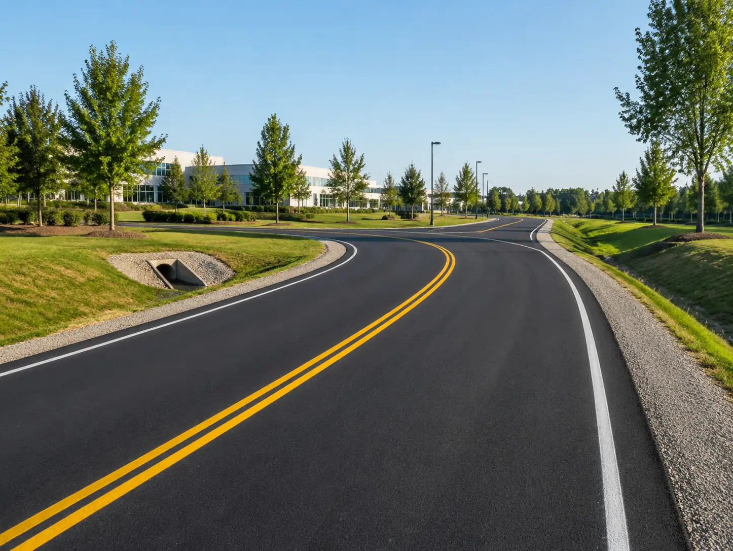 Newly paved asphalt roadway with smooth edges and shoulders