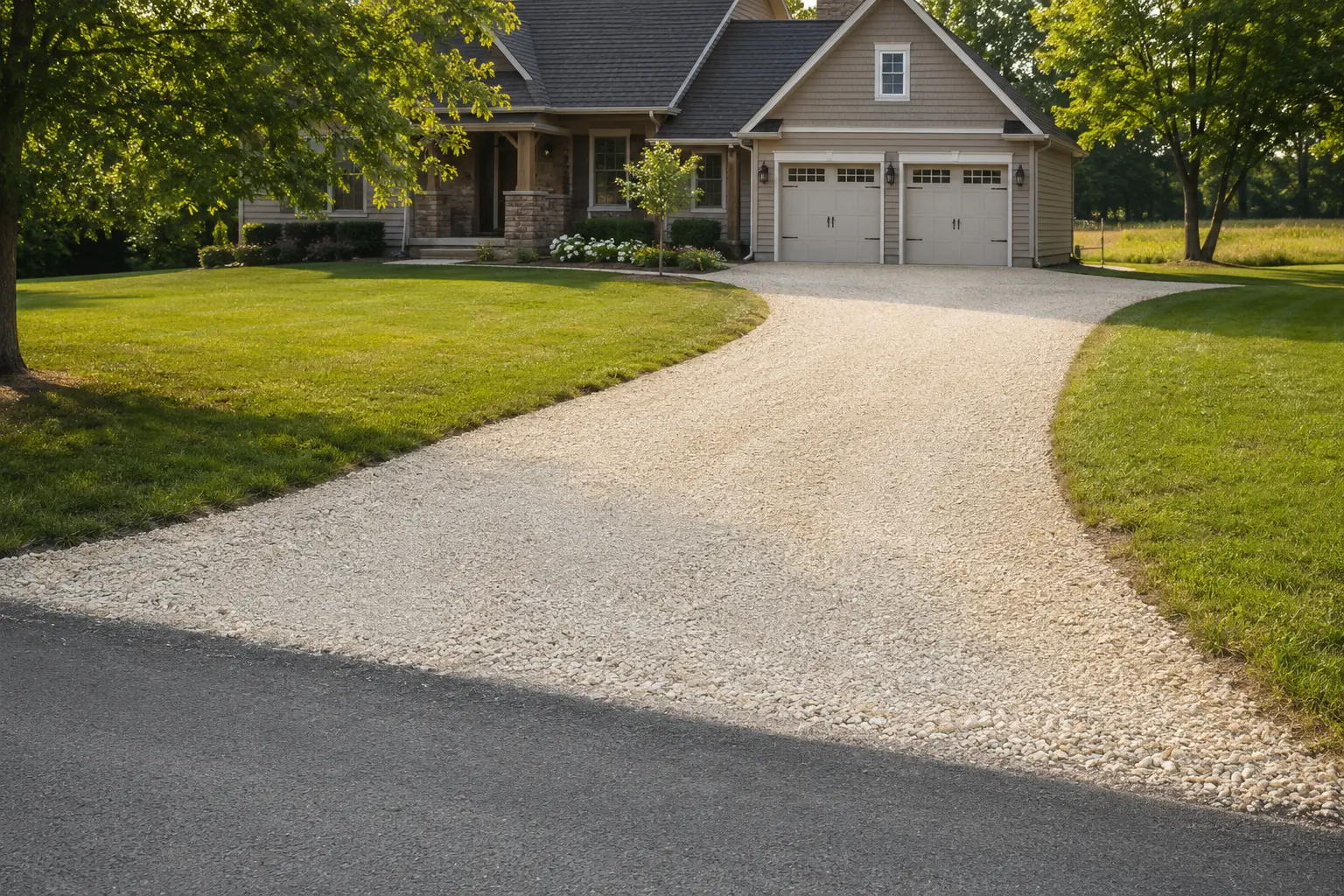 Compacted limestone driveway leading to a residential property