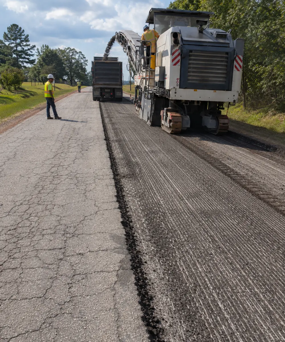 Damaged roadway being milled and prepared for reconstruction