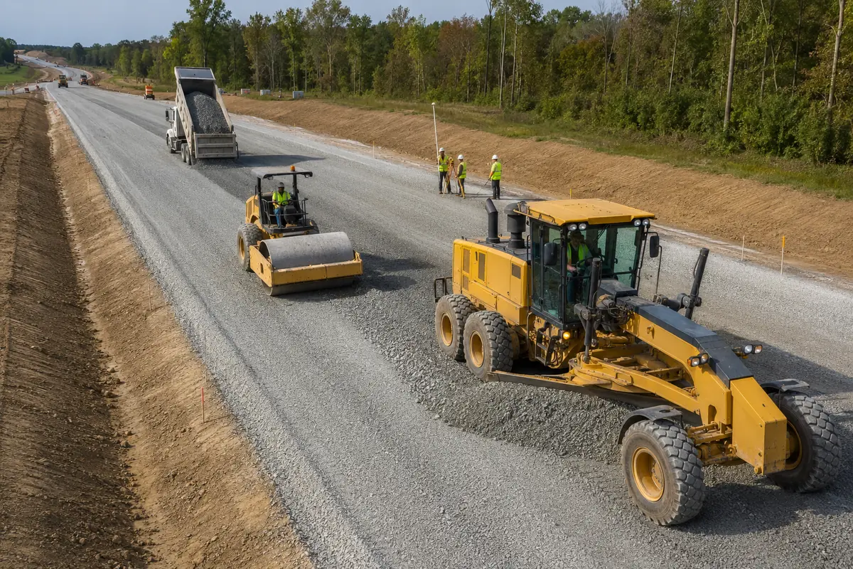 Heavy equipment grading and preparing the base for a new roadway