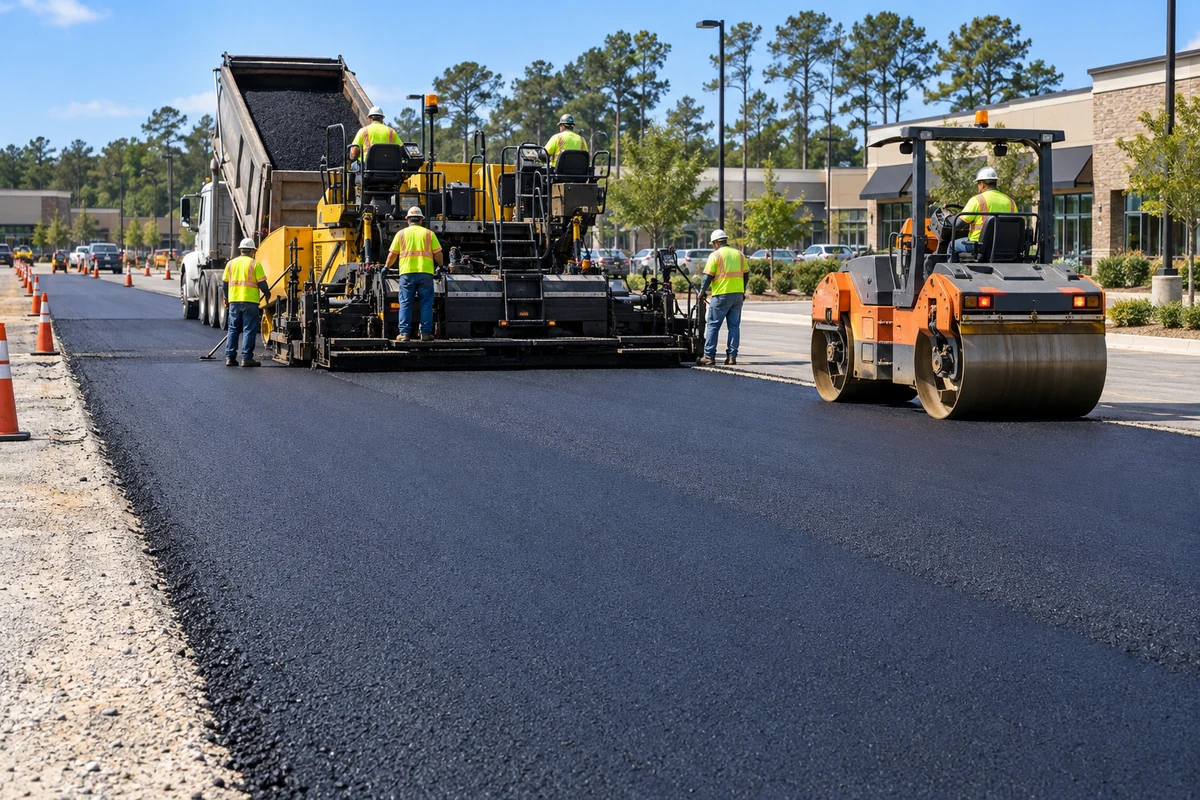 Paving crew and roller installing asphalt on a commercial access road