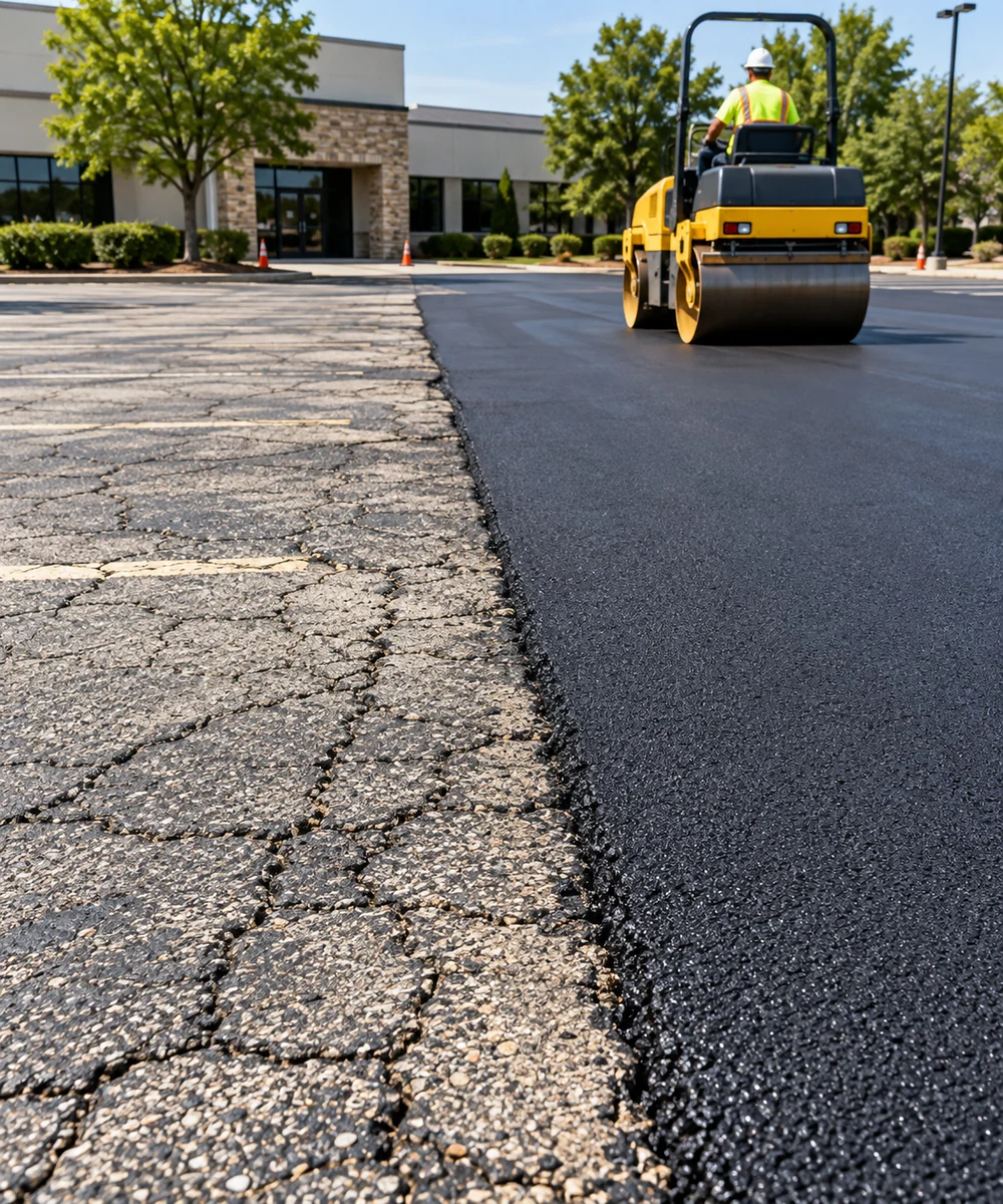Cracked commercial pavement beside freshly installed asphalt, with a roller compacting the new surface