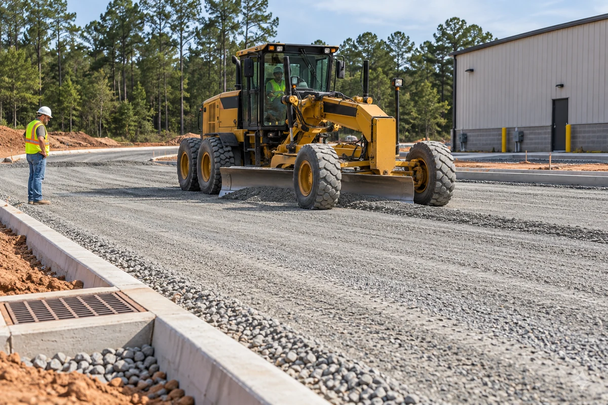 Motor grader preparing an aggregate base beside a commercial building and drainage inlet.